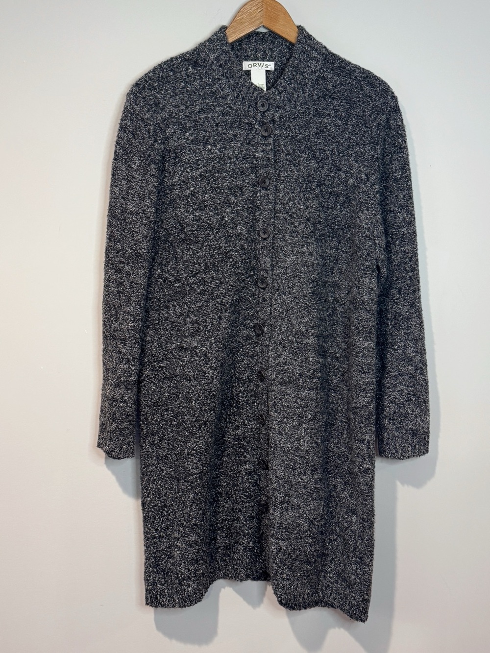 Orvis Women’s Long Marled Knit Cardigan Sweater Button Front Black Grey Cozy L